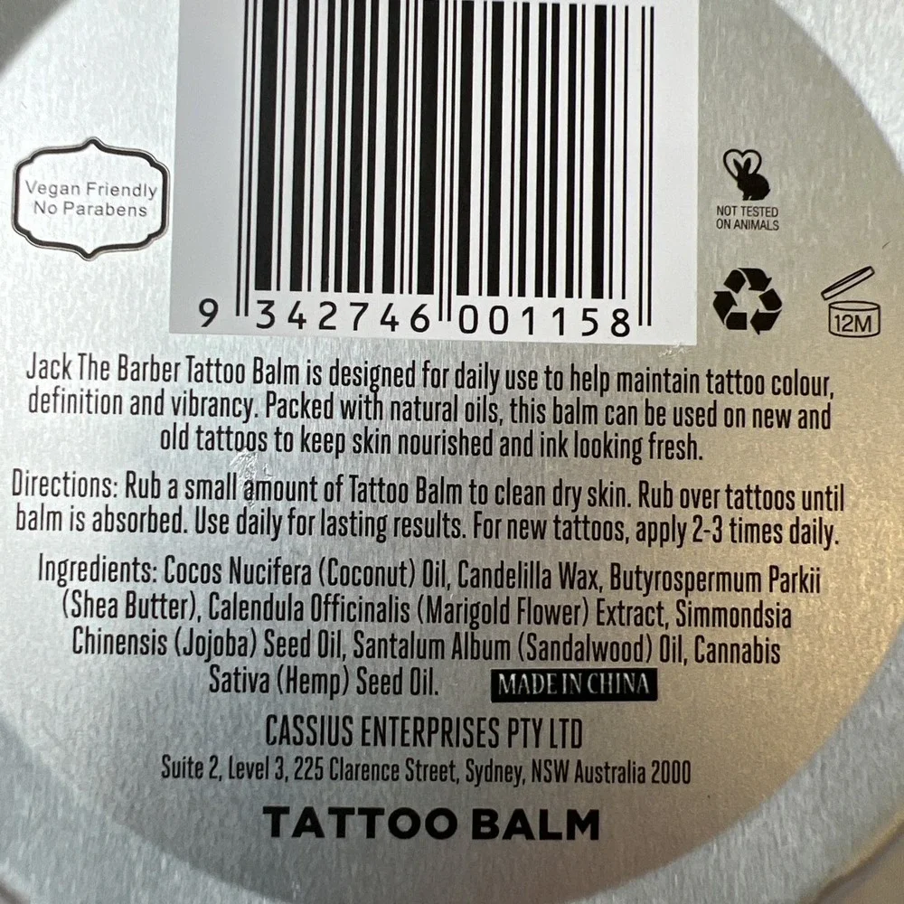 Jack The Barber Tattoo Balm 3.4 Oz Healing Natural Oils‎ For New & Old Tattoos